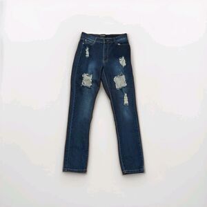 Fashion Nova Dark Rinse Destroyed Distressed Skinny High Rise Rockstar Jeans 11